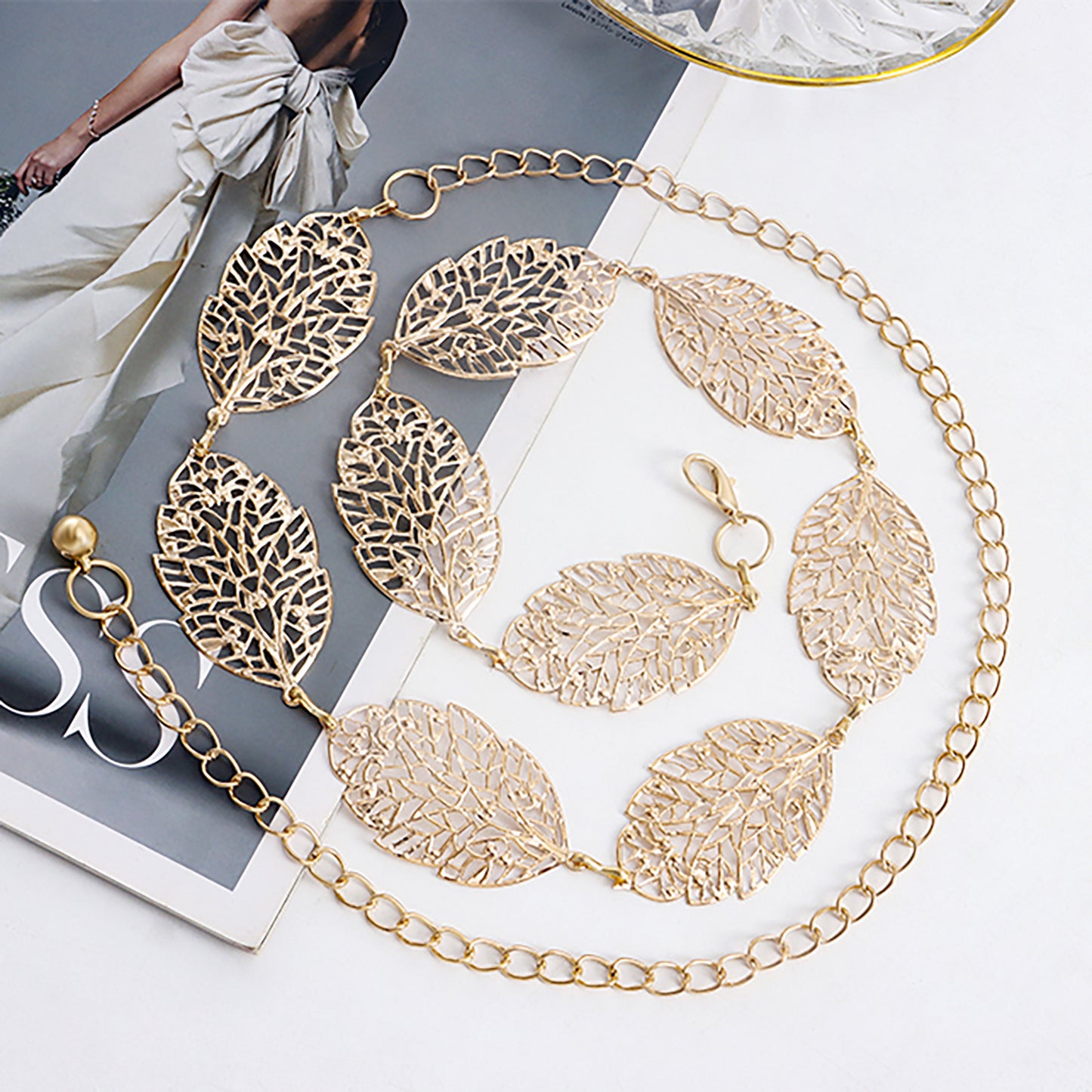 Punk Leaf Cutout Baking Varnish Metal Waist Chain for Women