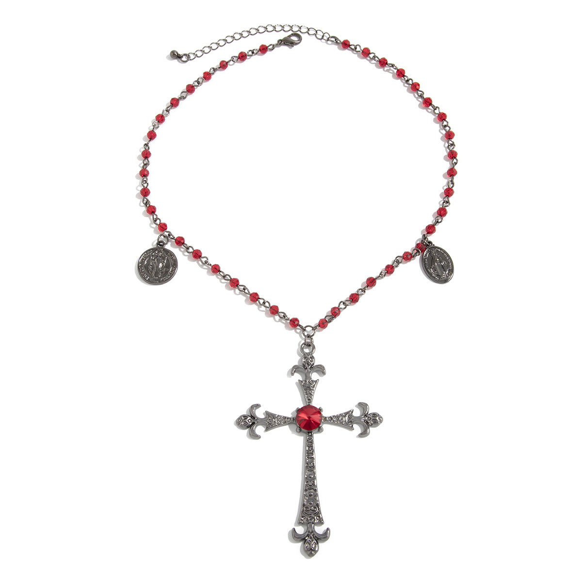 Gothic Vintage Cross Pendant Zinc Alloy Plated Necklace with Crystal Beads for Women