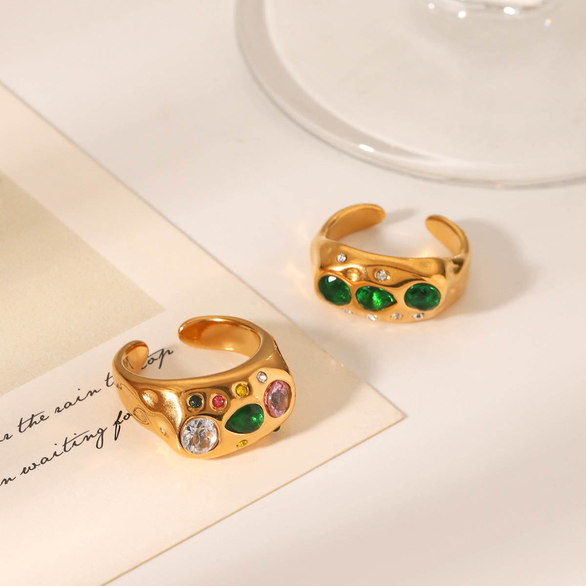 Ins Style Irregular Hammered Textured Stainless Steel Ring with Zircon Inlay for Women