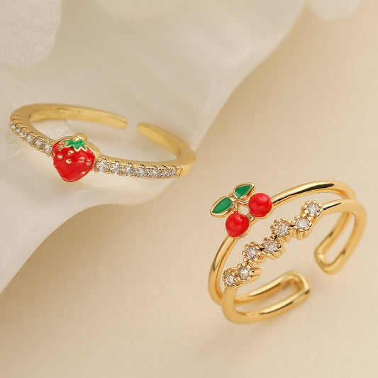 Minimalist Geometric Strawberry Cherry Open Ring for Women in Copper with Micro-Pavé Zirconia
