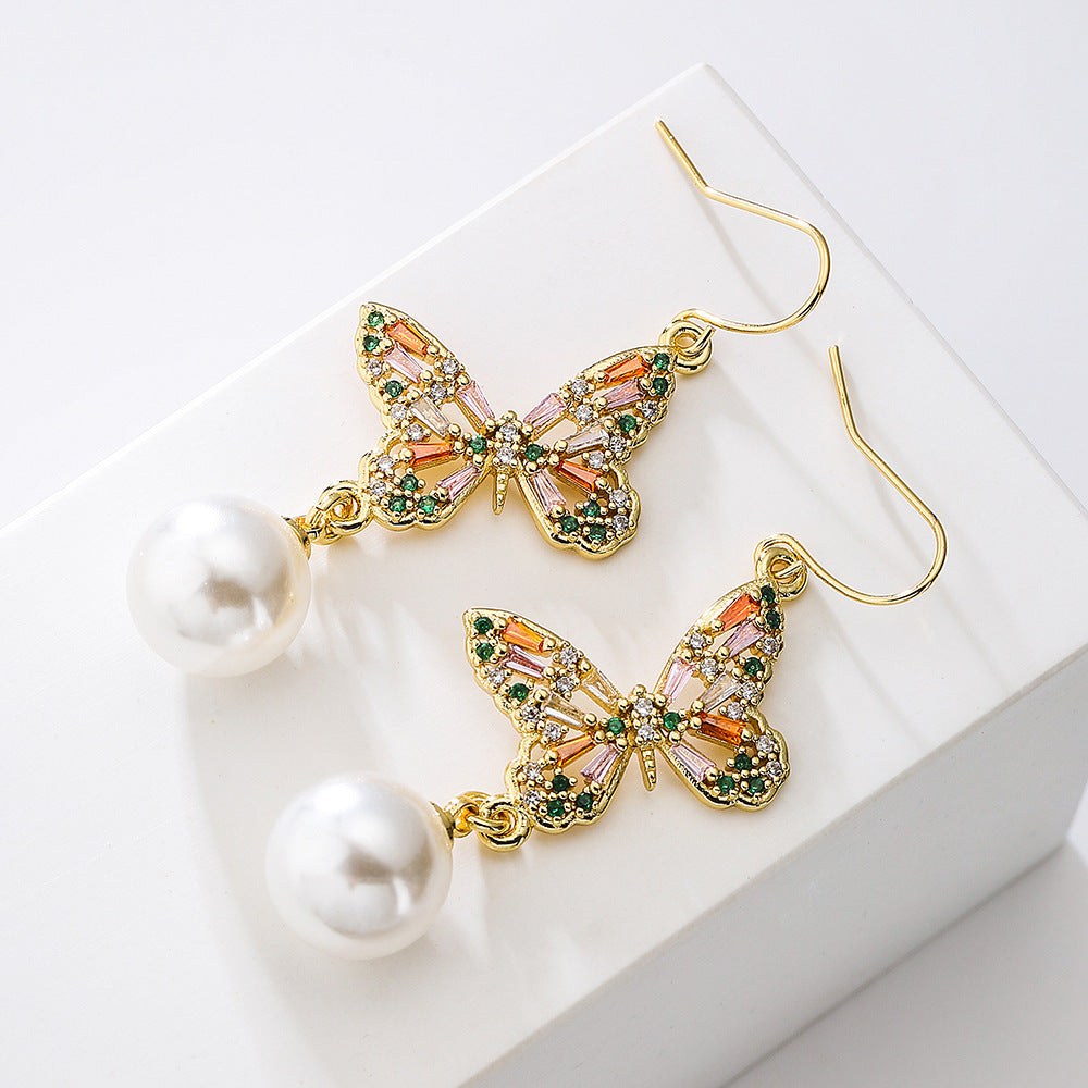 Minimalist Geometric Butterfly Earrings for Women Copper Base with 18K Gold Plating and Zircon Inlay