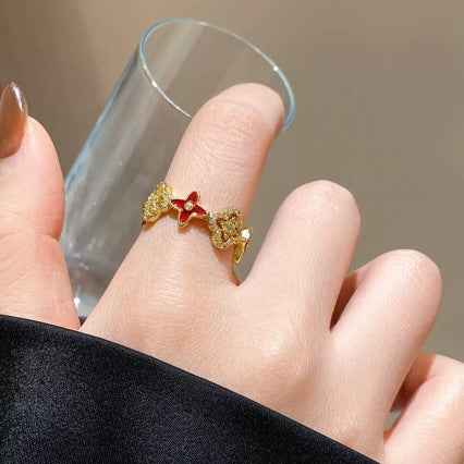 Anillo ajustable de cobre galvanizado con trébol de cuatro hojas microincrustado, lujoso, estilo vintage, para mujer