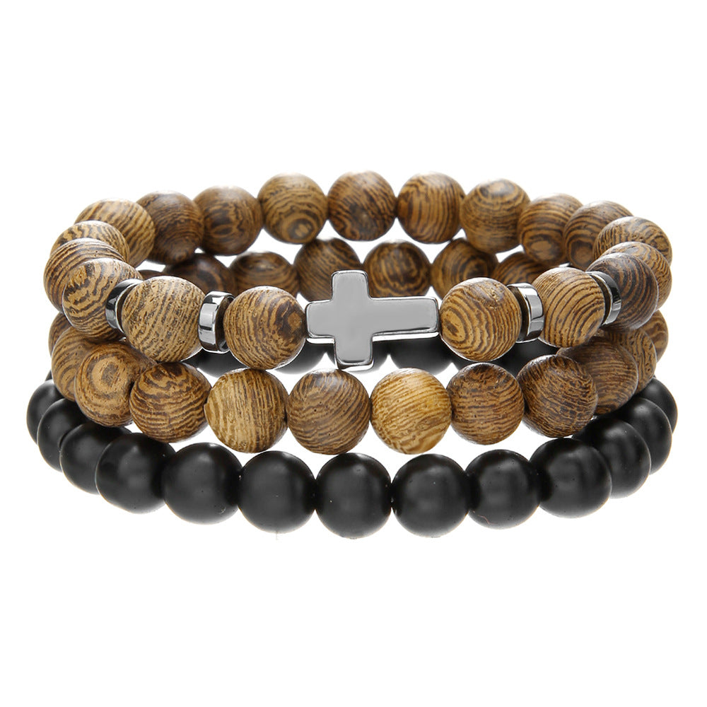 Matte Hematite Cross Wood Bead Stretch Bracelet