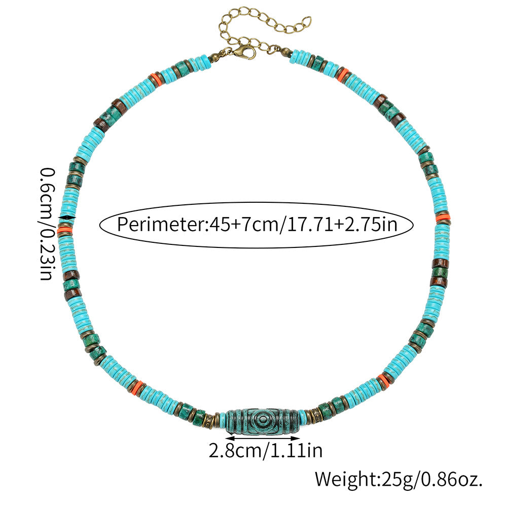 Vintage Bohemian Geometric Round Turquoise Plated Alloy Beaded Multi-layer Necklace for Unisex