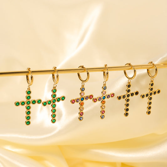 Pendientes de tuerca con forma de cruz geométrica de acero inoxidable estilo Ins con incrustaciones de circonita verde, negra, de color o blanca chapados para mujer
