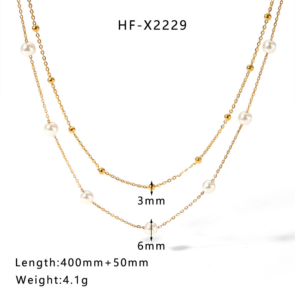 Minimalist Heart-Shaped Titanium Steel Necklace with Pearl and Shell Pendant, Gold-Plated, Fringe Detail, Unisex Fashion Jewelry