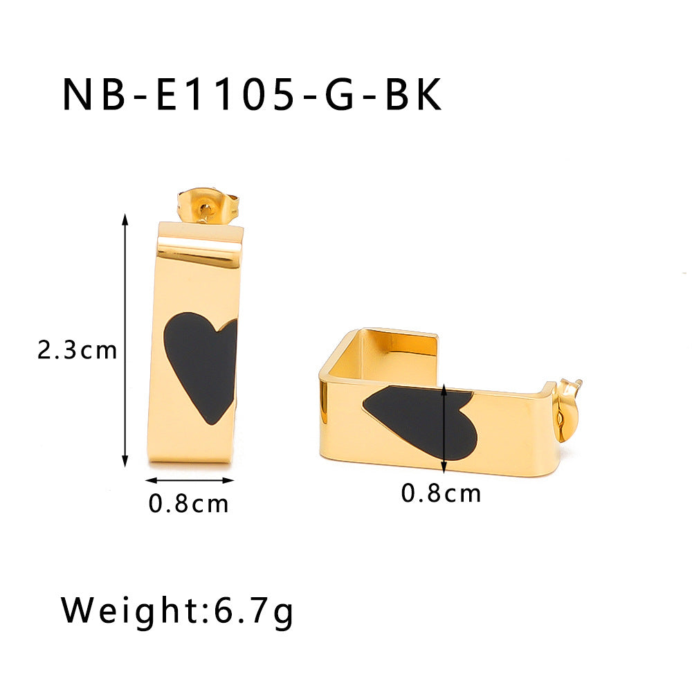 Minimalist Rectangular Stainless Steel Earrings with 18K Gold Plating and Mother-of-Pearl Inlay Heart Accent
