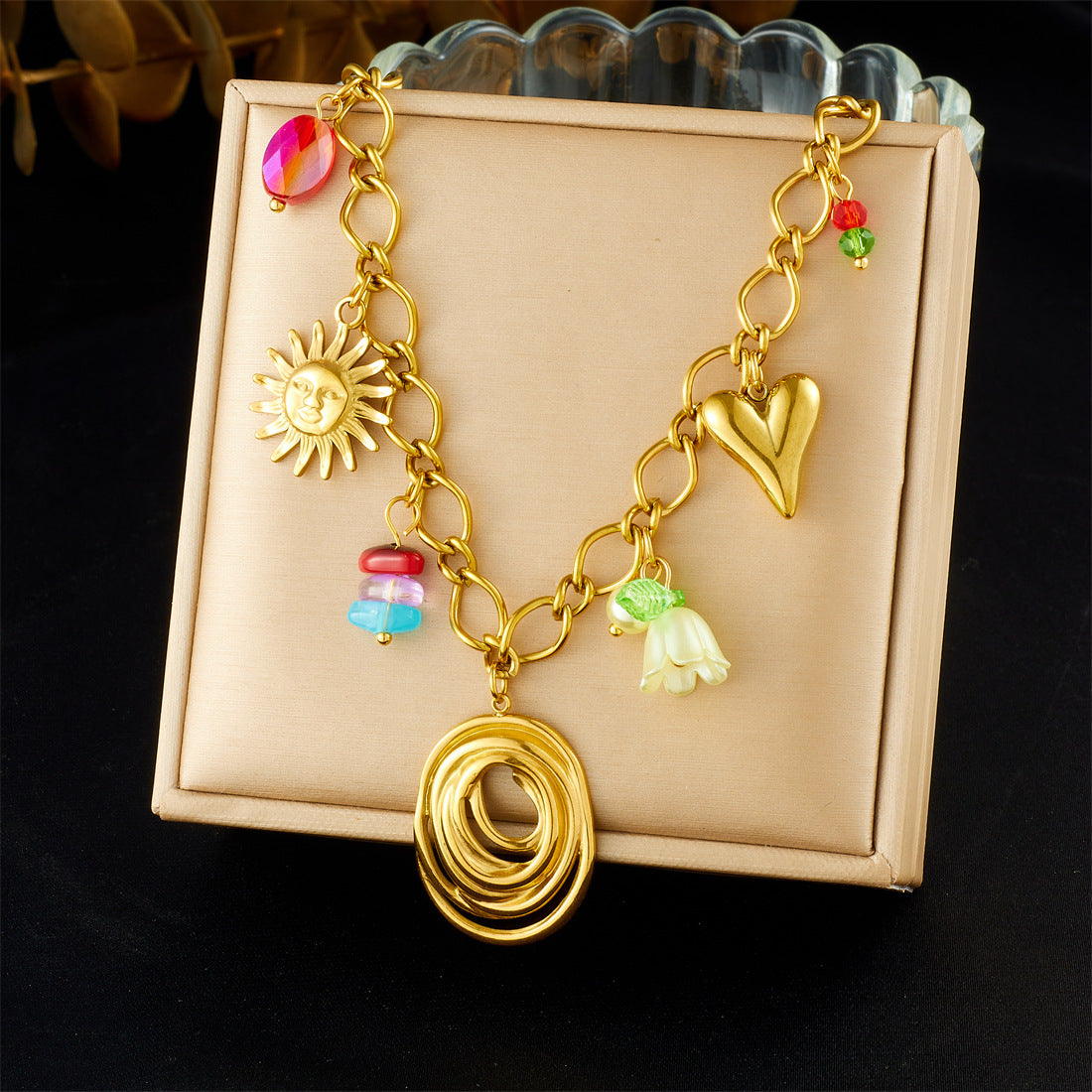Sweet Minimalist Colorful Acrylic Beaded Lily of the Valley Heart Teardrop Pendant Stainless Steel Plated Cable Chain Jewelry Set for Women