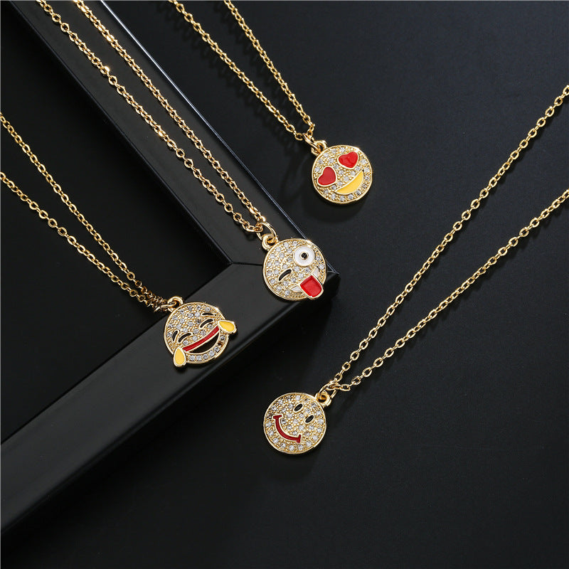 18K Gold Plated Brass Geometric Smile Face Pendant Necklace with Cubic Zirconia for Women
