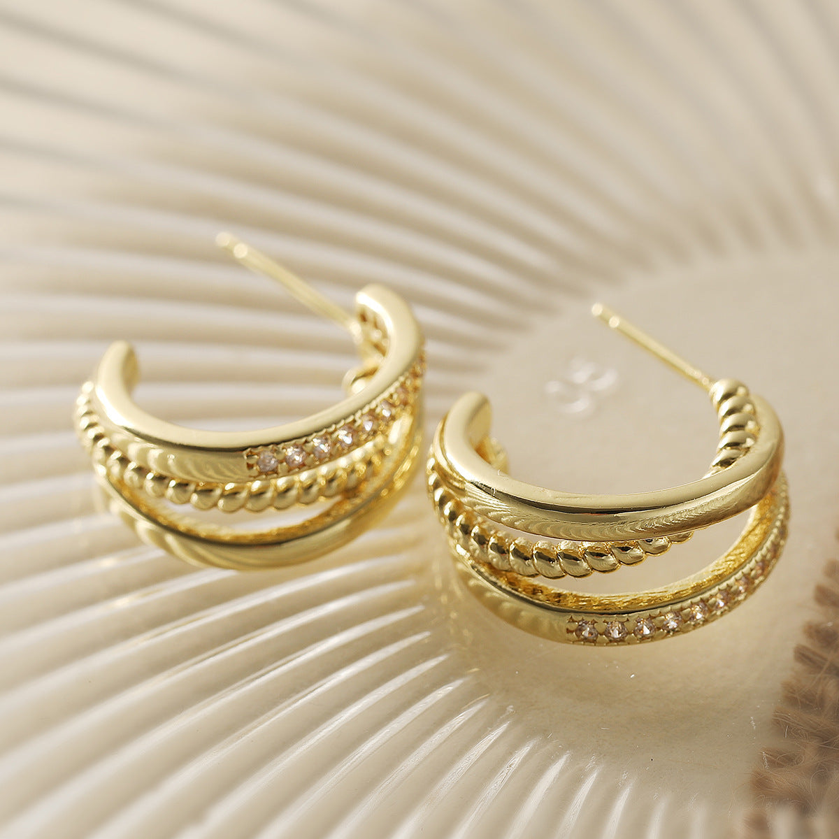 Geometric Earrings for Women in Copper with 18K Gold Plating and Zircon Inlay, Vintage-Inspired Minimalist Fashion Studs