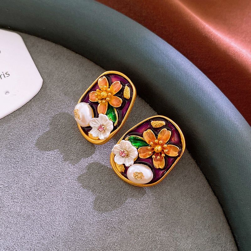 Vintage Floral and Geometric Enamel Earrings for Women with Gold-Plated Brass Base and Stainless Steel Posts