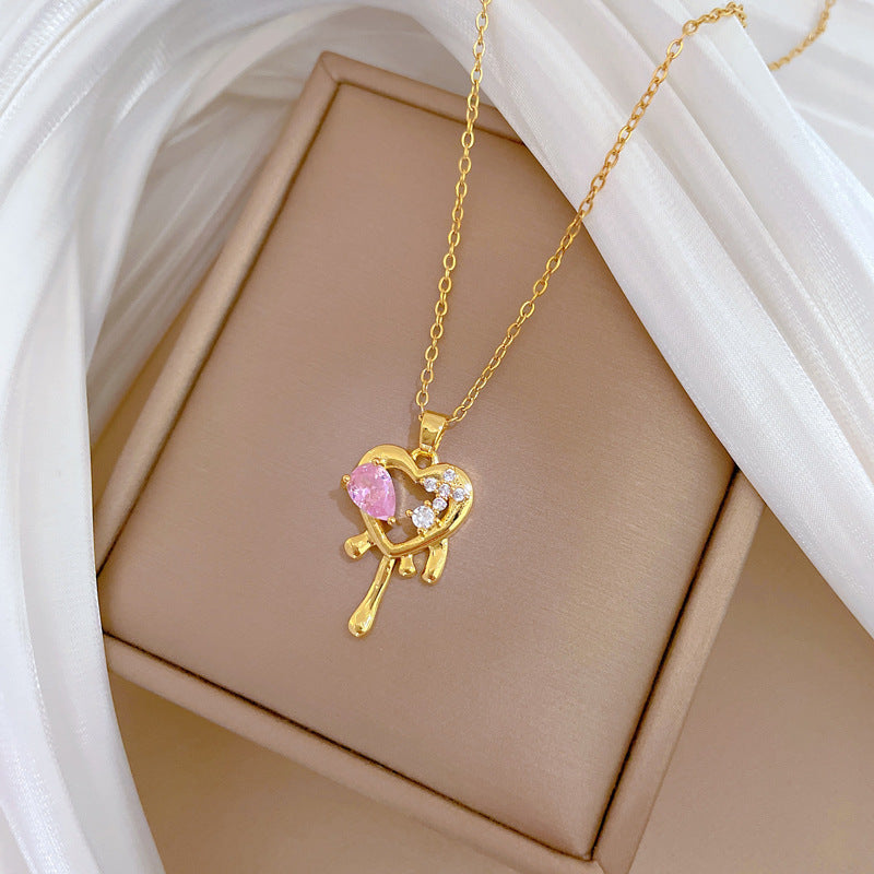 Collana da donna in acciaio inossidabile con cuore romantico e motivo floreale, intarsi in strass, elegante catena per clavicola