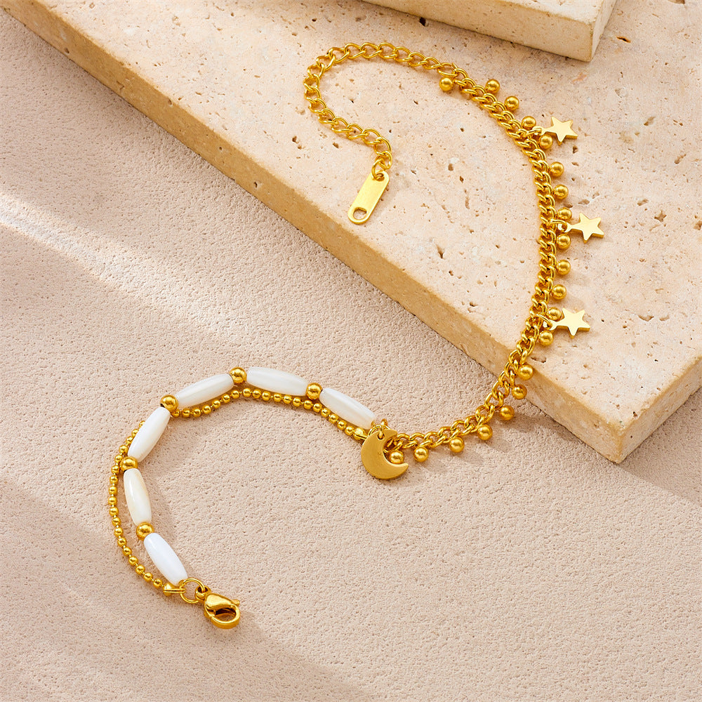 Rustic Style Star and Moon Shaped Gold-Plated Stainless Steel Anklet with Beaded Double Chain for Women