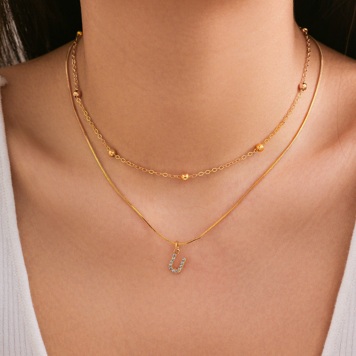 Minimalist Rhinestone Inlaid Letter Alloy Pendant Double Layer Snake Chain Necklace for Women