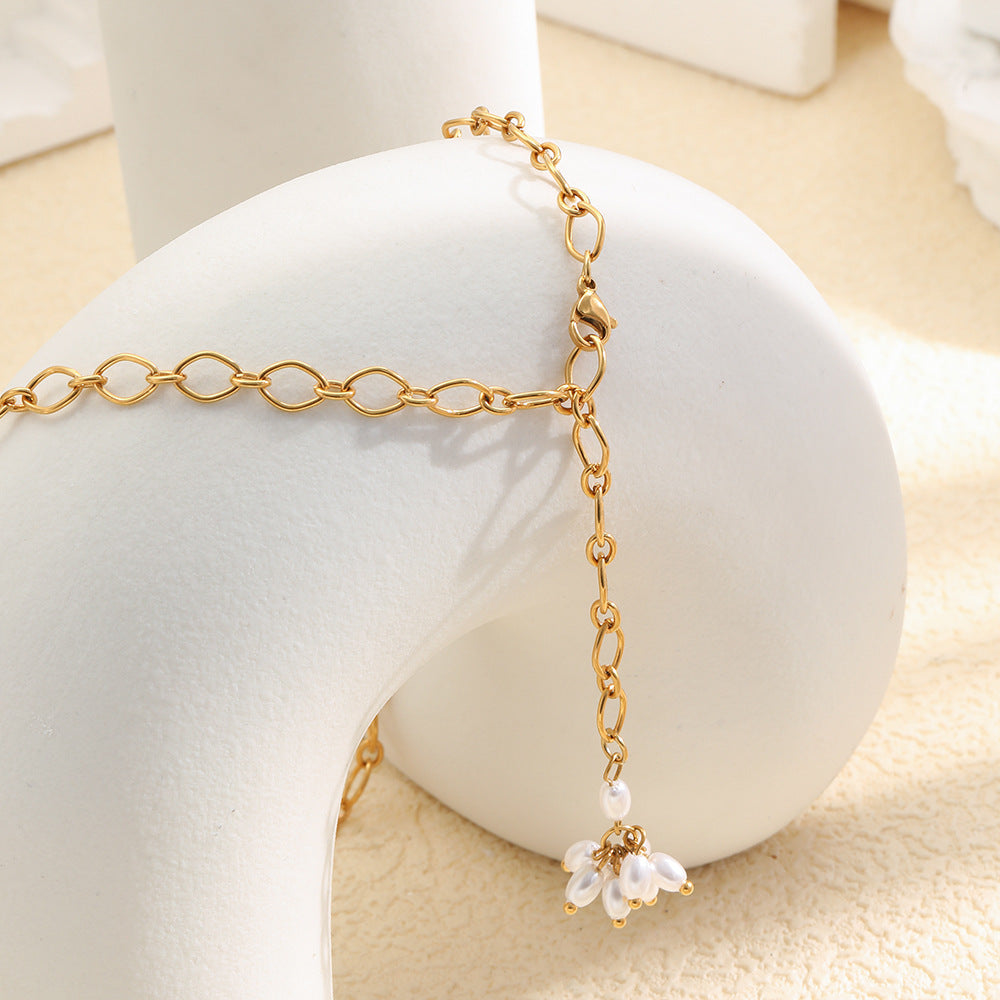 Luxury Elegant Geometric Floral 18K Gold Plated Stainless Steel Necklace with Imitation Pearl Tassel