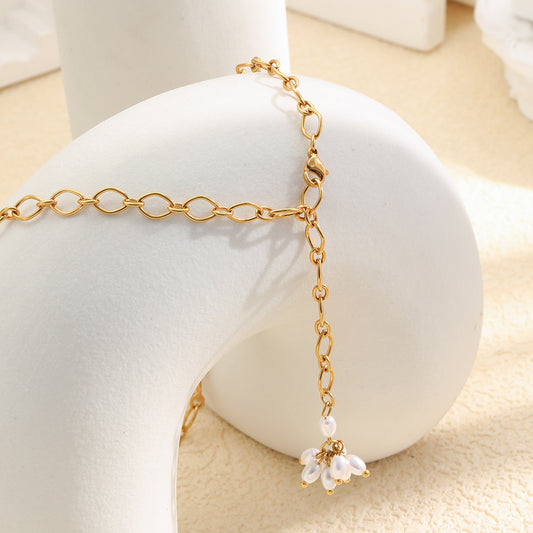 Luxury Elegant Geometric Floral 18K Gold Plated Stainless Steel Necklace with Imitation Pearl Tassel