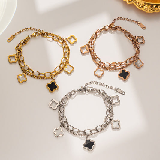 Bracciale a doppio strato da donna in acciaio al titanio con trifoglio a quattro foglie, a conchiglia, minimalista, bianco e nero, alla moda