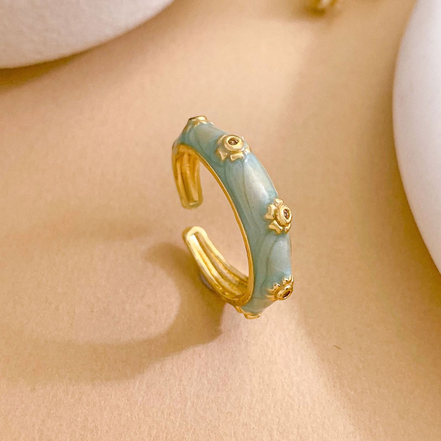 Vintage Sweet Floral Enamel Gold Plated Brass Open Ring for Women