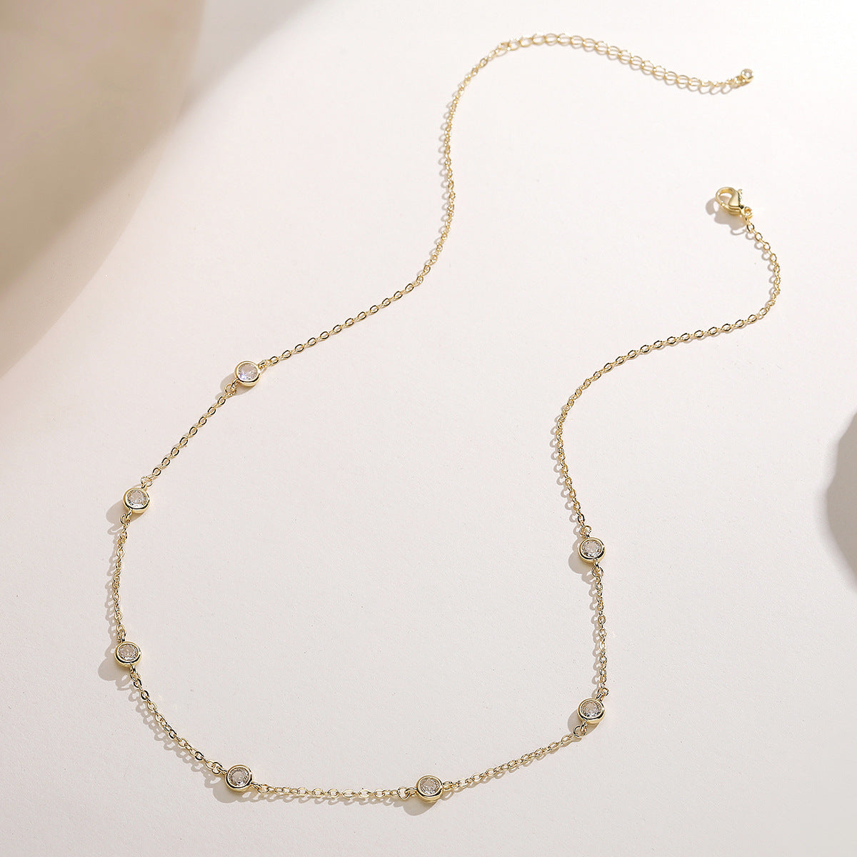 Elegant Minimalist Geometric Brass 18K Gold Plated Necklace with 7 Cubic Zirconia Stones for Women