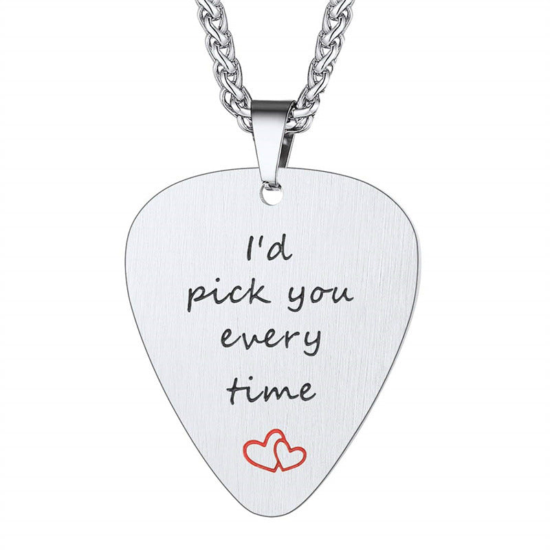 Natural Style Geometric Guitar Pendant Necklace for Unisex in Stainless Steel with Polished Titanium Steel Charm