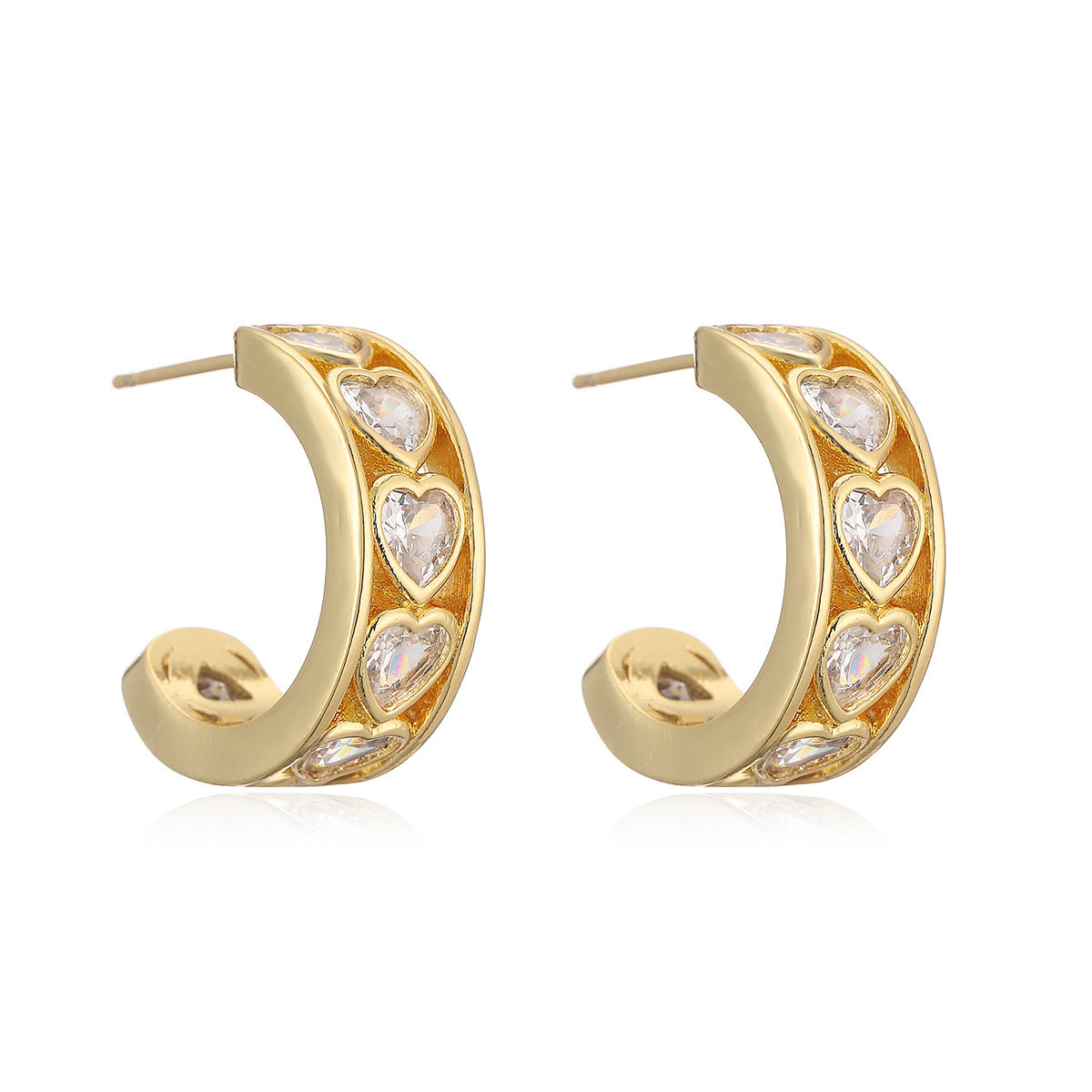 Orecchini geometrici a C in rame placcati oro 18 carati con intarsio in zirconi per donna, gioielli alla moda di ispirazione vintage