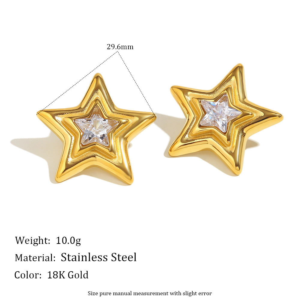 Minimalist Star-Shaped Stainless Steel Earrings with 18K Gold Plating and Cubic Zirconia Accents for Women