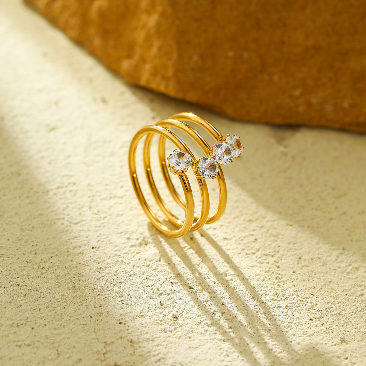 Minimalist Geometric Three-Layer Open Ring with Four Round Cubic Zirconia Stones Plated in 18K Gold Stainless Steel Women's Fashion Jewelry