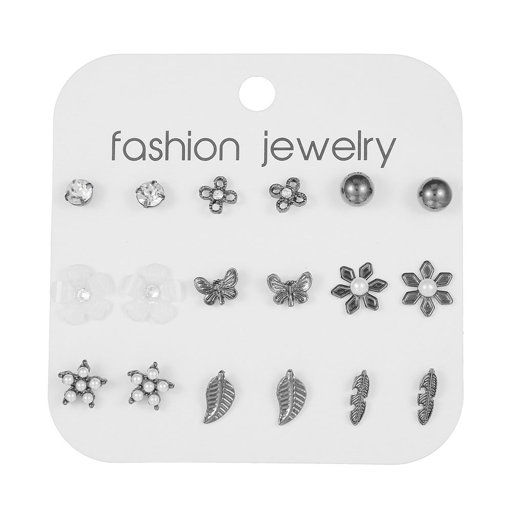 Gold Plated Stainless Steel Geometric Flower Leaf Star Butterfly Rhinestone Inlay Earrings Set with Floral Pattern