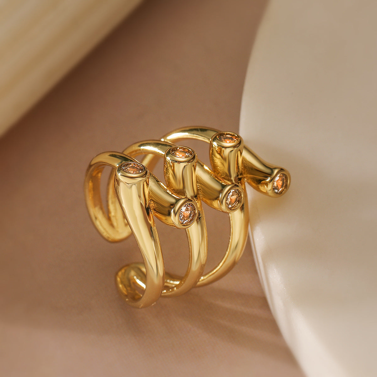 Minimalist Irregular Geometric Copper Ring with 18K Gold Plating and Zircon for Women