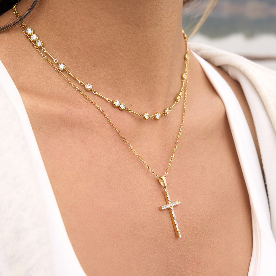 Minimalist Luxury Geometric Cross Stainless Steel PVD Necklace with Cubic Zirconia for Women