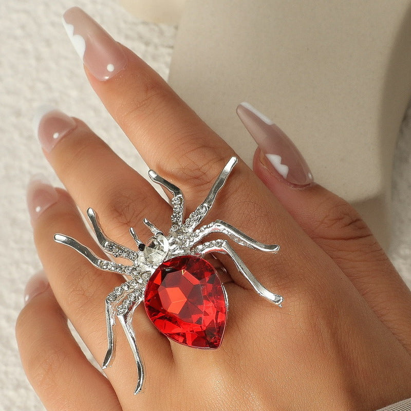 Sweet-Edgy Spider-Shaped Alloy Ring with Rhinestone Inlay Adjustable Fashion Jewelry for Women