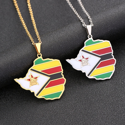 Geometric Zimbabwe Map Pendant Necklace in Stainless Steel with Titanium Steel Charm, Electroplated O-Chain, Unisex Fashion Accessory