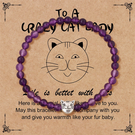 Amethyst Crystal Cat Bracelet for Women Handmade Elastic Bangle
