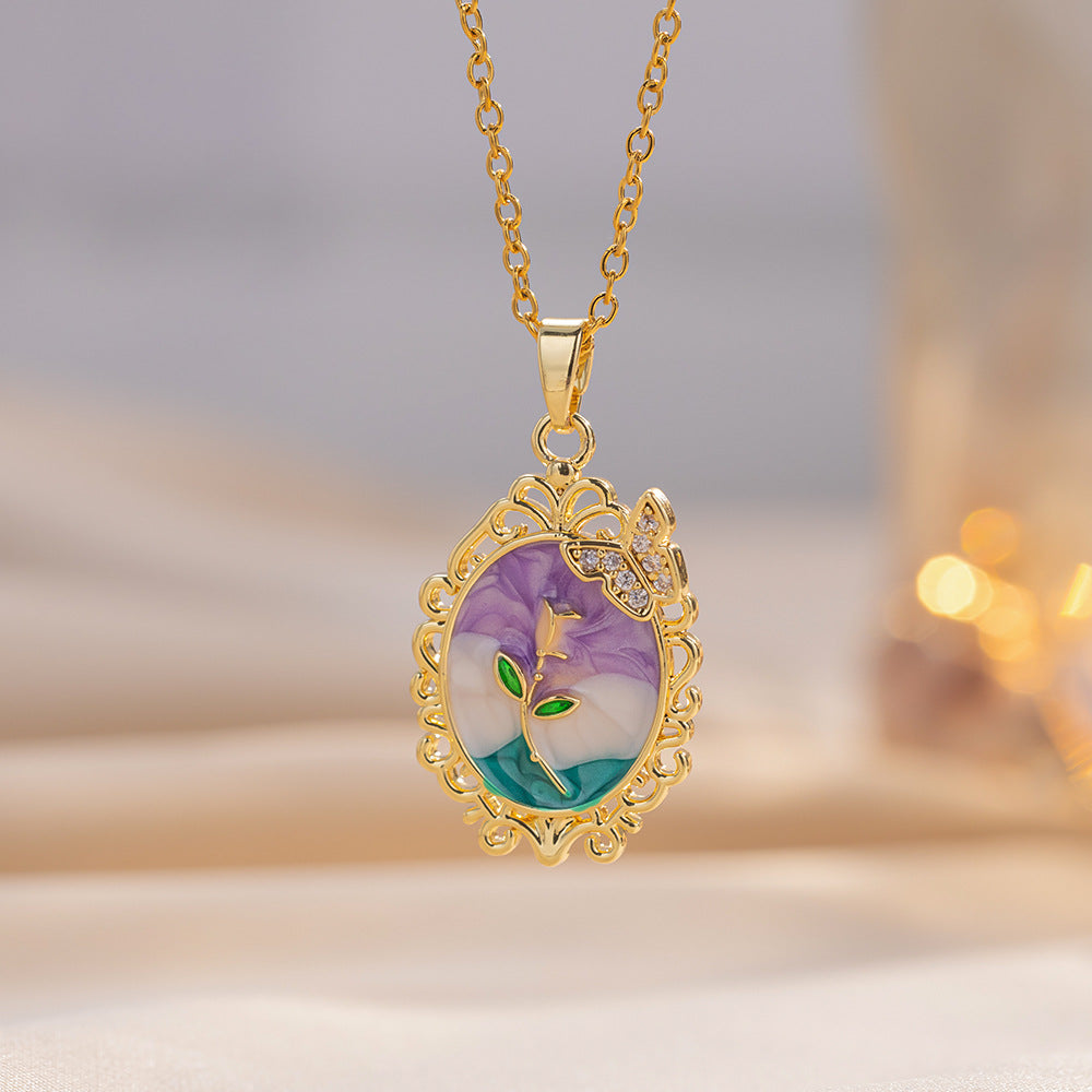 Elegant French Vintage Rose Floral Oval Lace Collar Necklace in Titanium Steel with Enamel Finish for Women