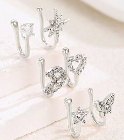 Clip per il naso a forma di U con stella e cuore placcata in rame vintage con zirconia cubica