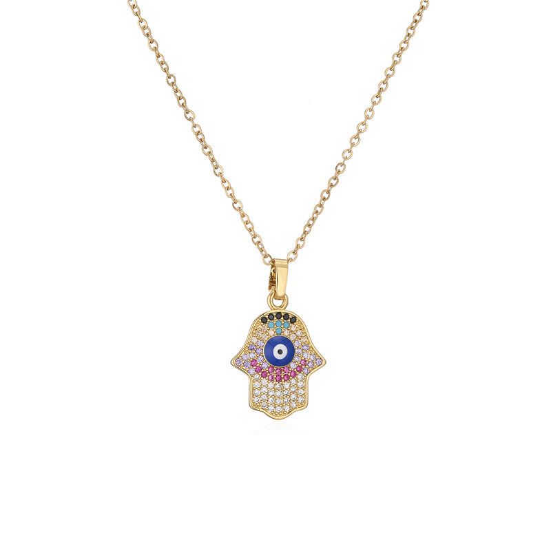 Minimalist Hand-shaped Pendant Necklace for Women in Copper with 18K Gold Plating and Enamel Finish, Set with Cubic Zirconia on O-Chain