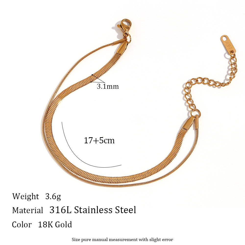Minimalist Geometric Stainless Steel Gold-Plated Double-Layer Snake Chain and Blade Chain Bracelet for Women