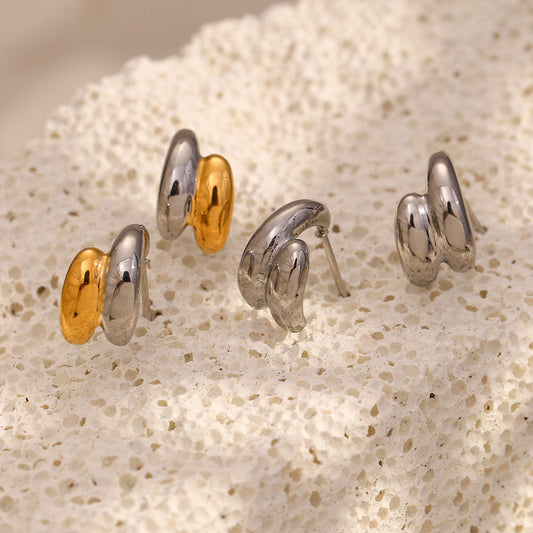 Minimalist Geometric Stainless Steel Ear Rings with 18K Gold Plating Dual-Tone Double-Layer Design