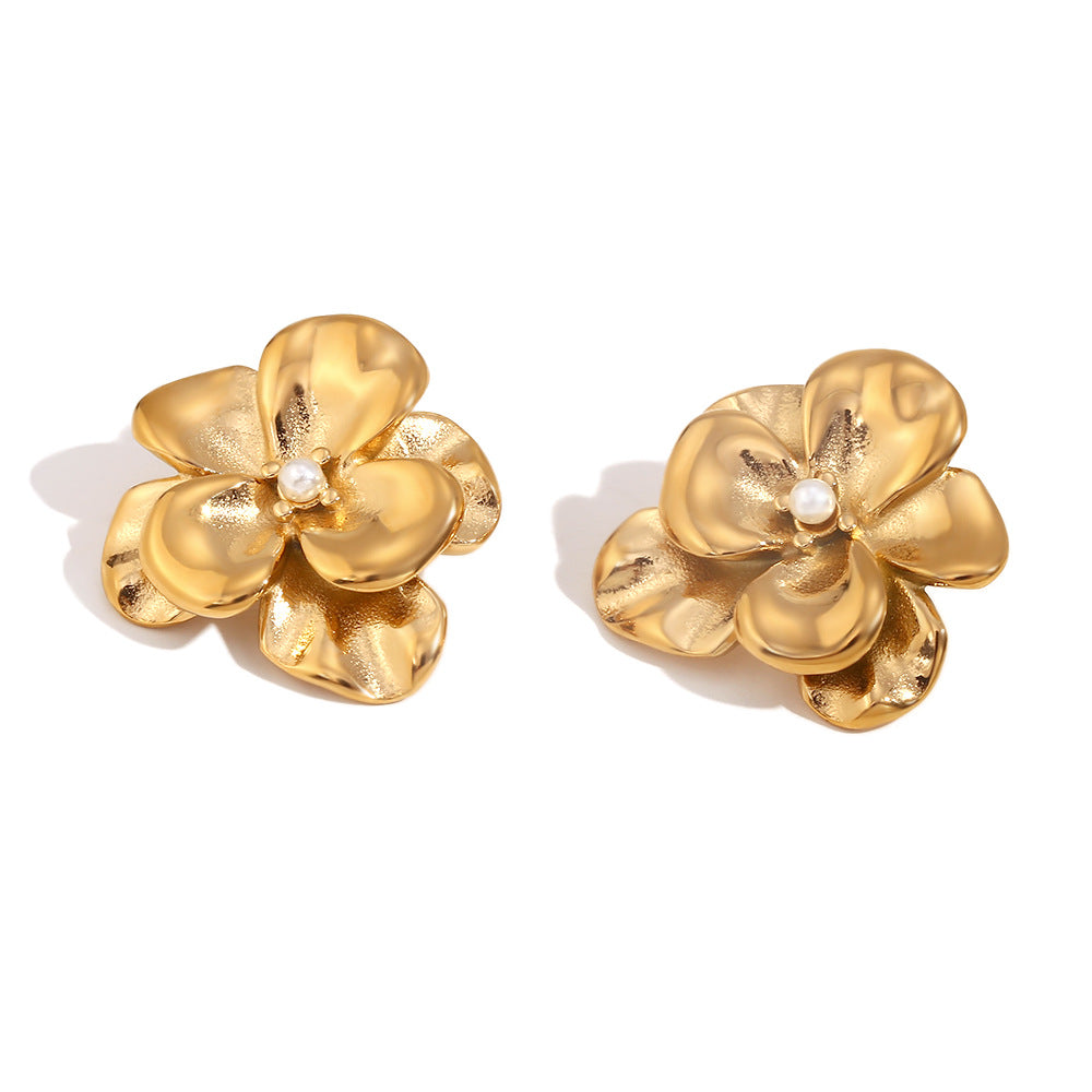 Orecchini a perno da donna floreali vintage a doppio strato con petali di perle in acciaio inossidabile placcato oro 18 carati
