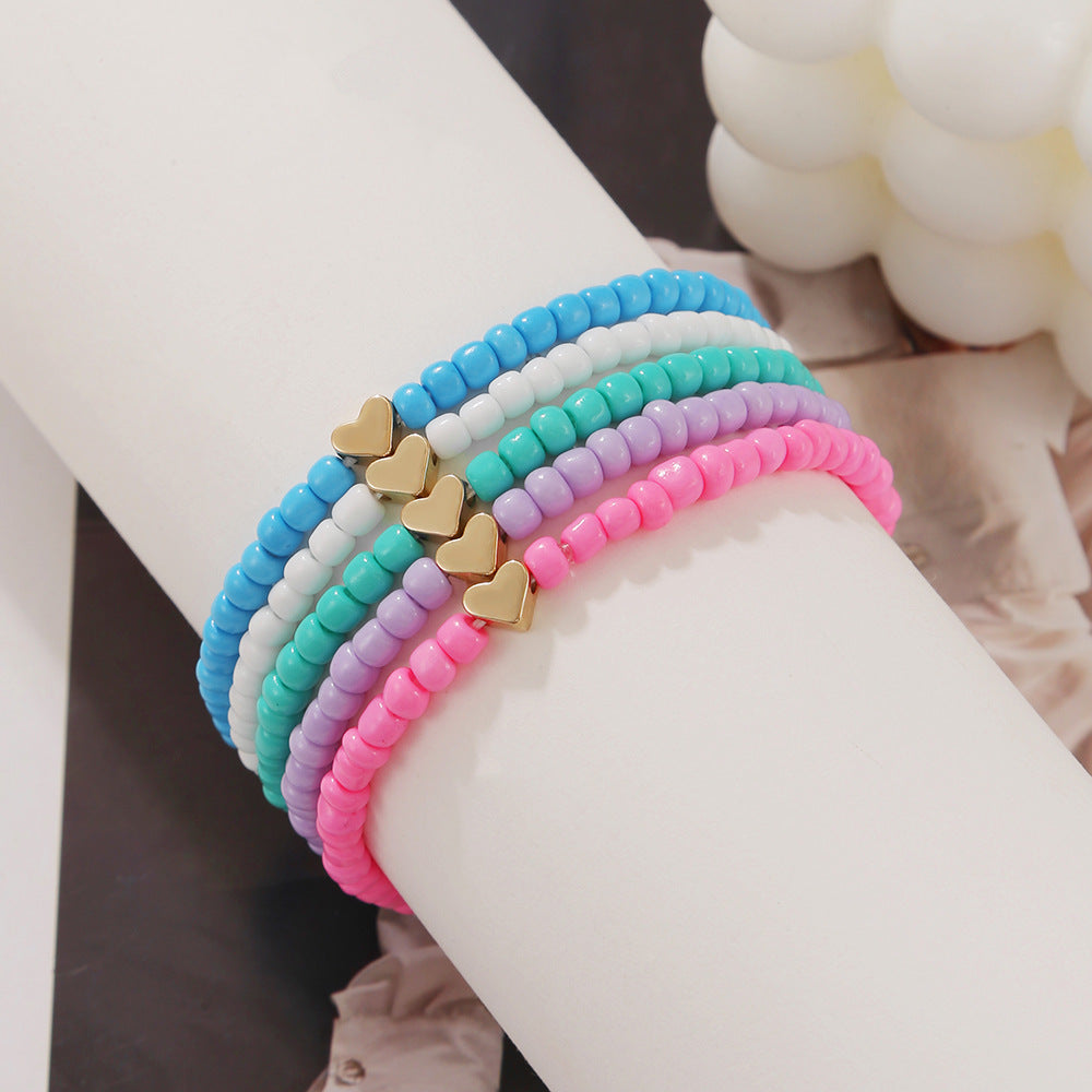 Bohemian Minimalist Handmade Glass Bead Heart Bracelet Set