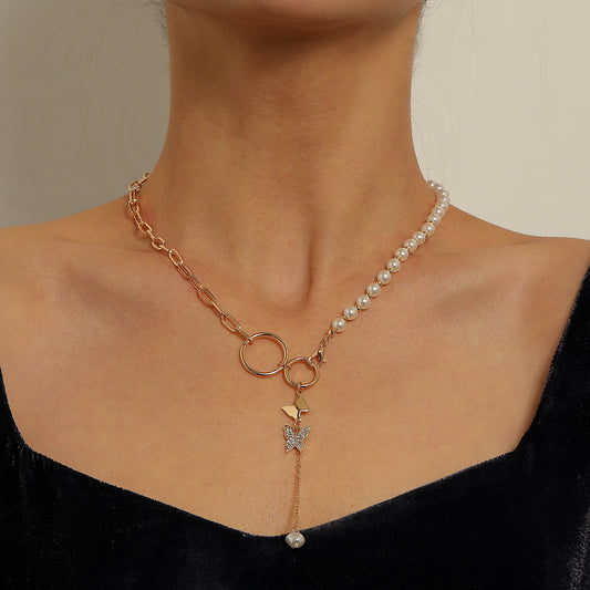 Collana con Pendente a Farfalla da Donna, Catena a Maglie Placcata in Lega con Strass Geometrici