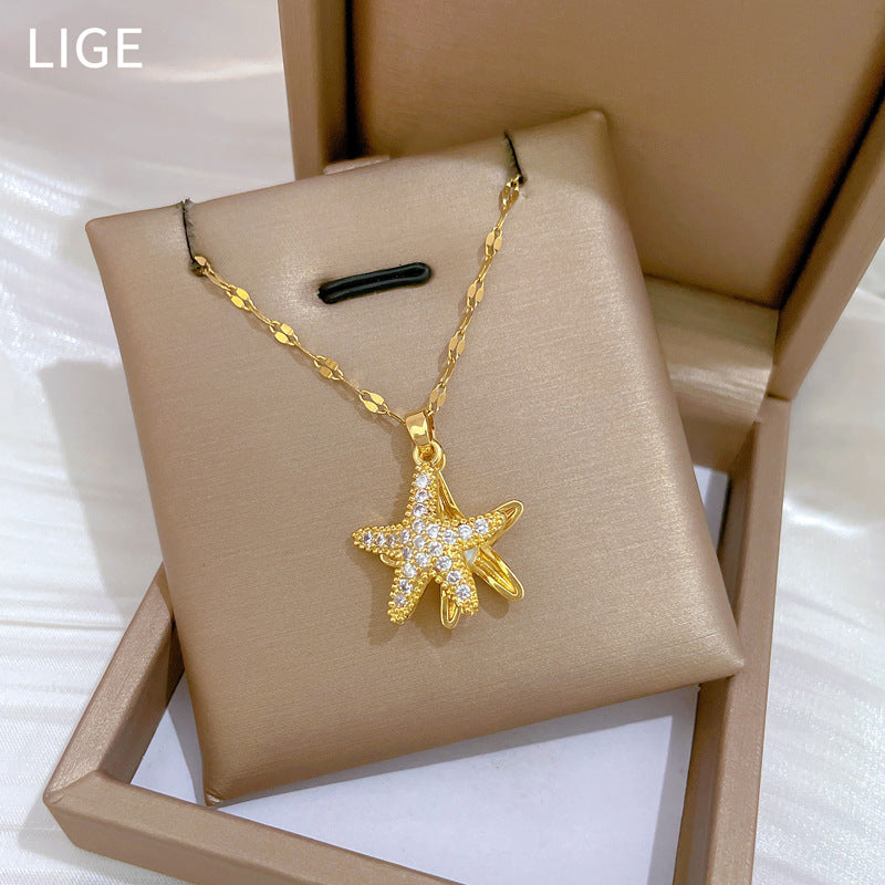 Luxury Titanium Steel Starfish Pearl Necklace with Full Rhinestone Inlay for Women, Geometric Design Delicate Clavicle Chain