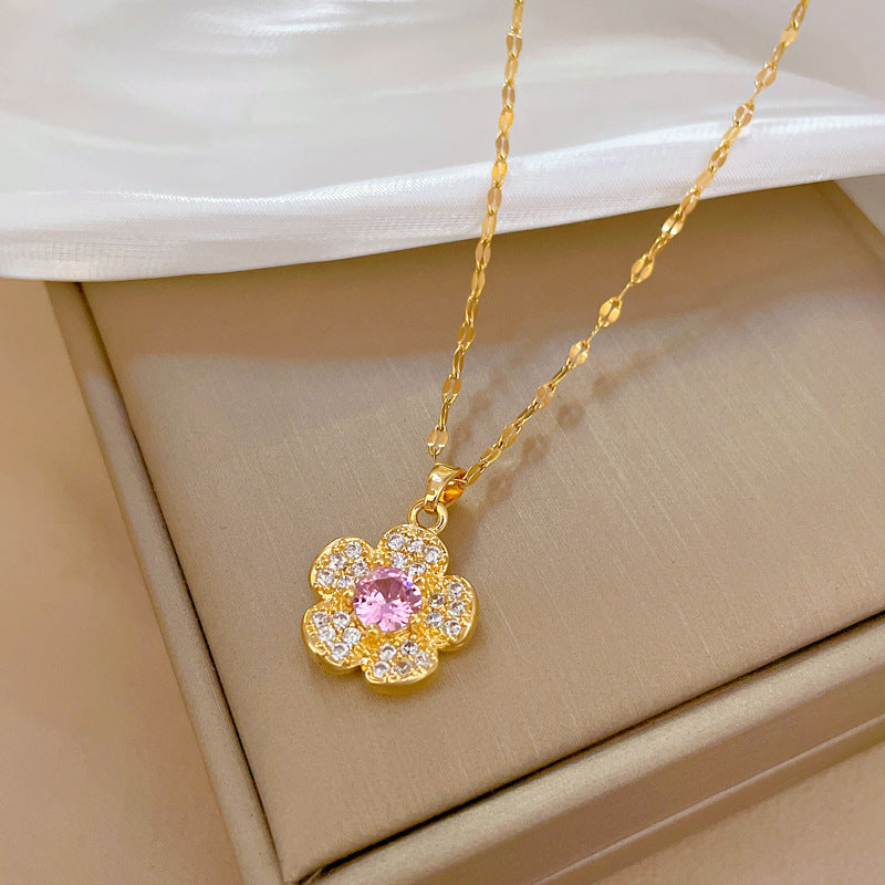 Elegant Floral-Shaped Titanium Steel Micro-Pave Necklace for Women Delicate Clavicle Chain