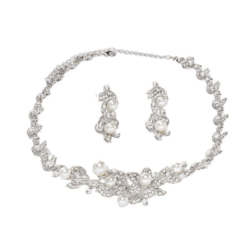 Sweet Floral Leaf Rhinestone Pearl Inlaid Alloy Necklace and Earring Set for Women