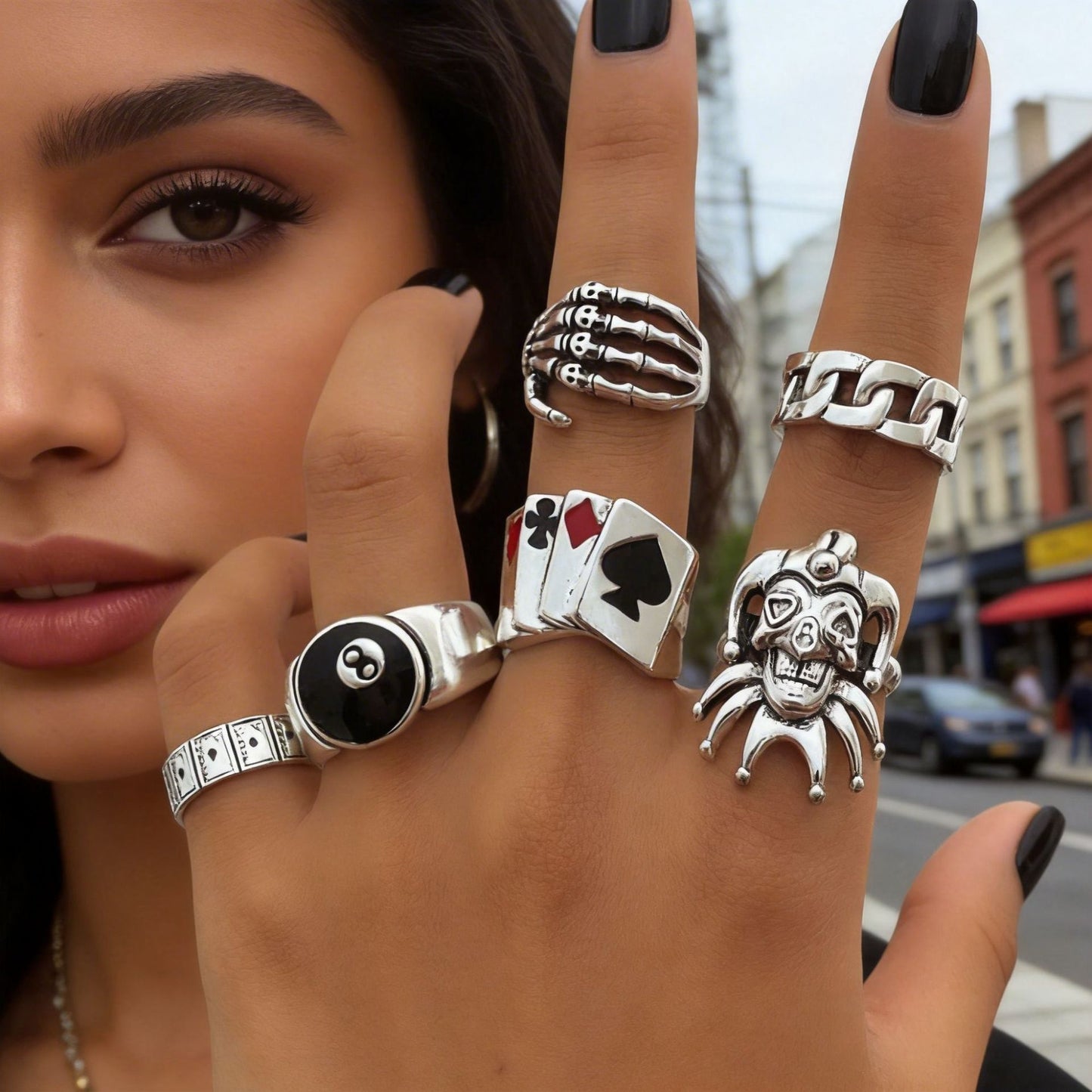Hip-hop Vintage Geometric Skull Clown Poker Eye Drip Oil Plated Alloy Ring Set for Women