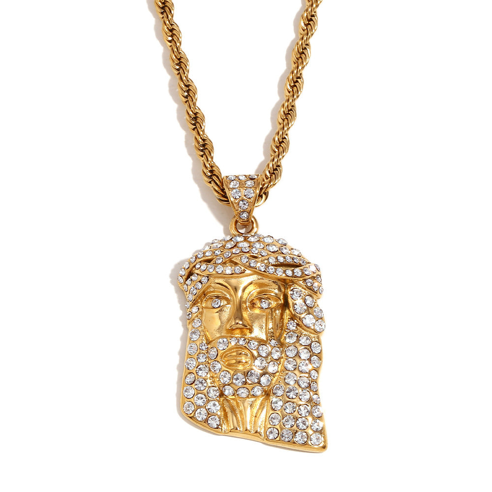 Collana con ciondolo hip-hop streetwear retrò da uomo in acciaio inossidabile placcato oro 18K e strass su tutta la superficie, con catena ritorta