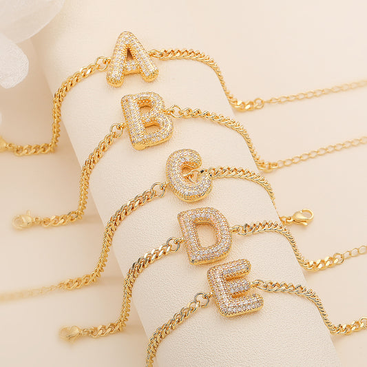 Minimalist Hip-hop 18K Gold Plated Letter Cubic Zirconia Bracelet for Women