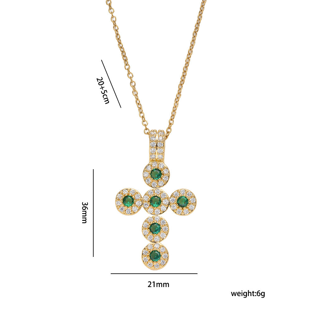 Minimalist Cross Pendant Necklace for Women in Titanium Steel with Micro-Paved Green Zirconia, Hypoallergenic Gold-Plated Finish