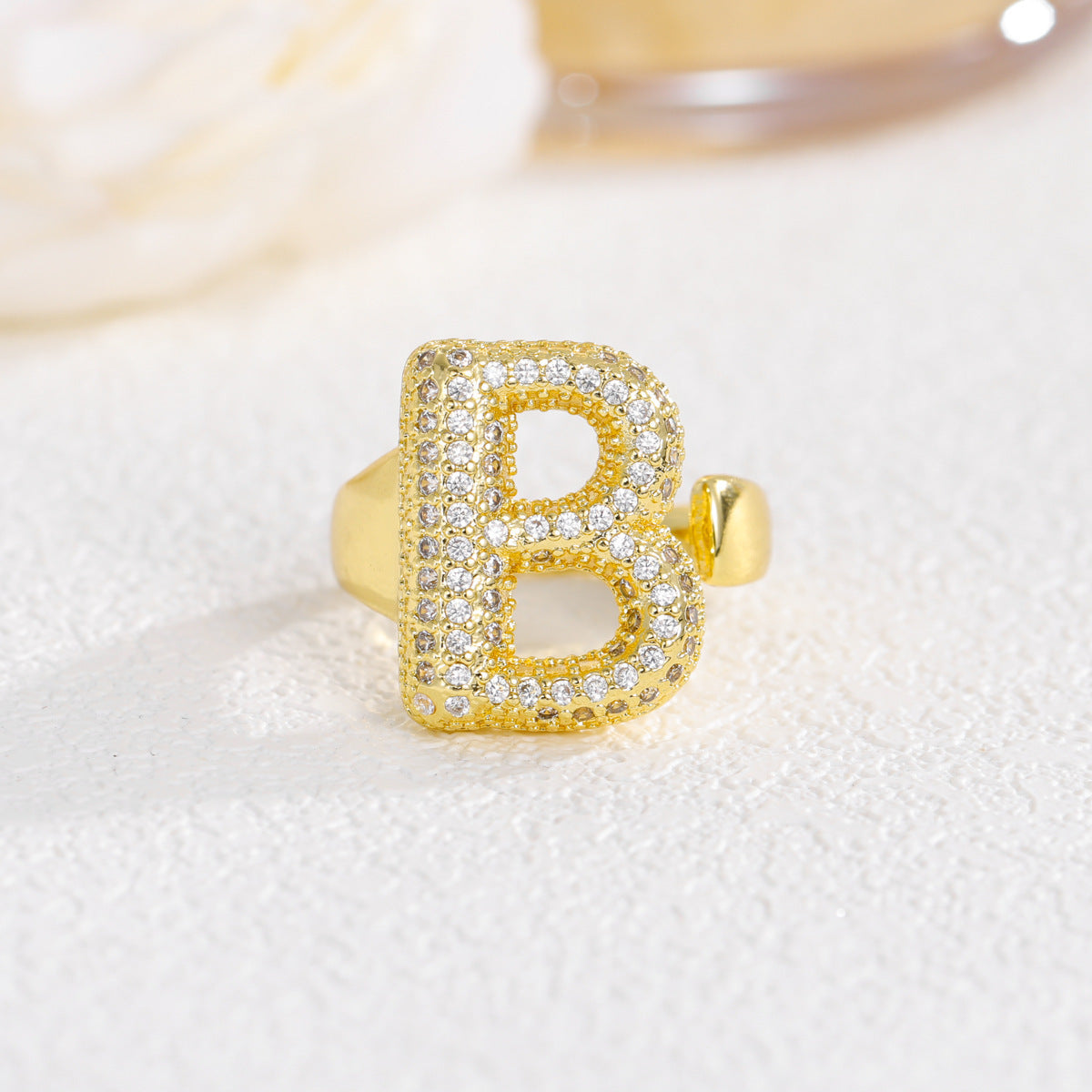 Sweet Plated Brass Letter Ring with Cubic Zirconia Adjustable Open Ring for Women and Men