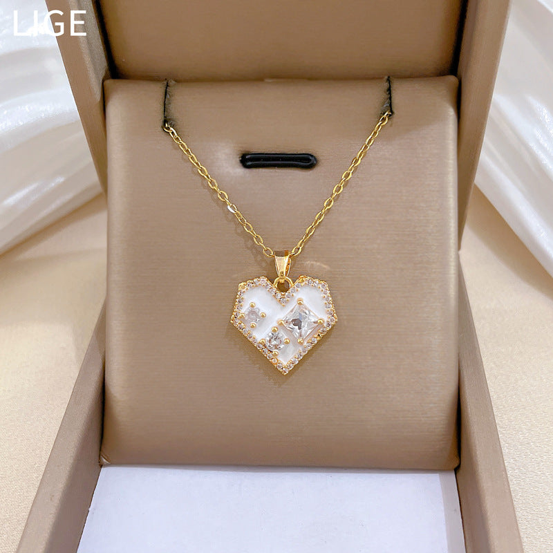 Sweet Elegant Heart Drip Oil Cubic Zirconia Titanium Steel Necklace for Unisex